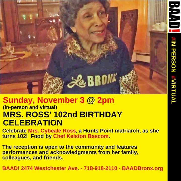 LaPoetaMariposa's tweet photo. Happy 102nd Birthday Mrs. Ross! Our beloved Matriarch ♥️ who intends to leave her party a lil early TO VOTE 4 KAMALA! @KamalaHQ @VP #102 #Bronx #HuntsPoint @BronxnetTV https://t.co/Rlk6ATboFl