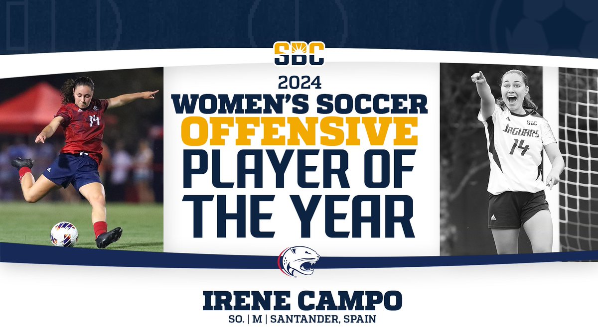 𝗖𝗔𝗠𝗣𝗢 𝗧𝗛𝗘 𝗖𝗥𝗘𝗔𝗧𝗢𝗥.

<a href="/SouthAlabamaSOC/">South Alabama Soccer⚽️</a> sophomore midfielder Irene Campo is the fourth Jaguar in as many years to earn #SunBeltWSOC Offensive Player of the Year after leading the conference with 12 goals, tying for first in points (29) and recording five assists. ☀️⚽️