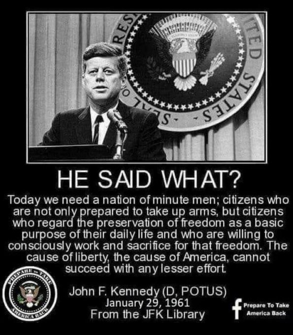 PeriklesGREAT's tweet photo. 🔥JFK wanted us to be a nation of 
      MINUTEMEN  to Preserve FREEDOM! 🔥

🌹Are you a MINUTEMAN for FREEDOM? 🌹 https://t.co/HpVEtGZfbU