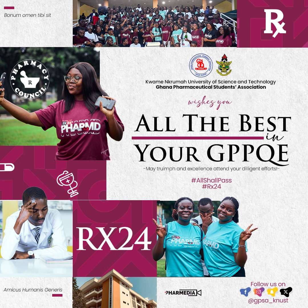 gpsa_knust's tweet photo. The final stretch! βοΈ
You're almost there, Rx 24β¨
All the best in your GPPQE
We wish you confidence, focus, and success as you go on this journey to become our newest drug lordsπ
#Allshallpass
POWERED BY PHARMEDIA πΈ
Β©οΈTHE DELALI-AWUDI LED ADMINISTRATION https://t.co/PQY16iAmXp