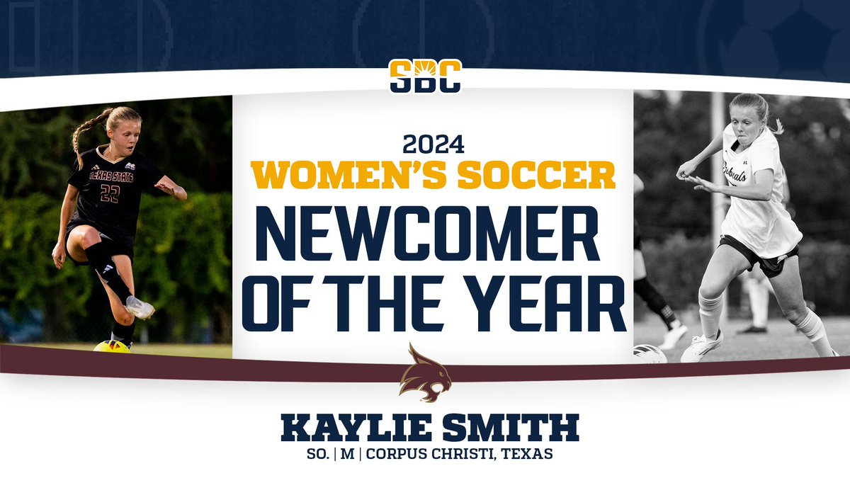 SunBelt's tweet image. 𝗦𝗠𝗜𝗧𝗛&apos;𝗦 𝗦𝗖𝗢𝗢𝗣.

@TXStateSoccer sophomore midfielder Kaylie Smith takes home #SunBeltWSOC Newcomer of the Year honors after pacing the Bobcats with a team-high 5 assists and sharing the team lead in goals (3), assists (3) and points (9) against conference foes. ☀️⚽️

📰…