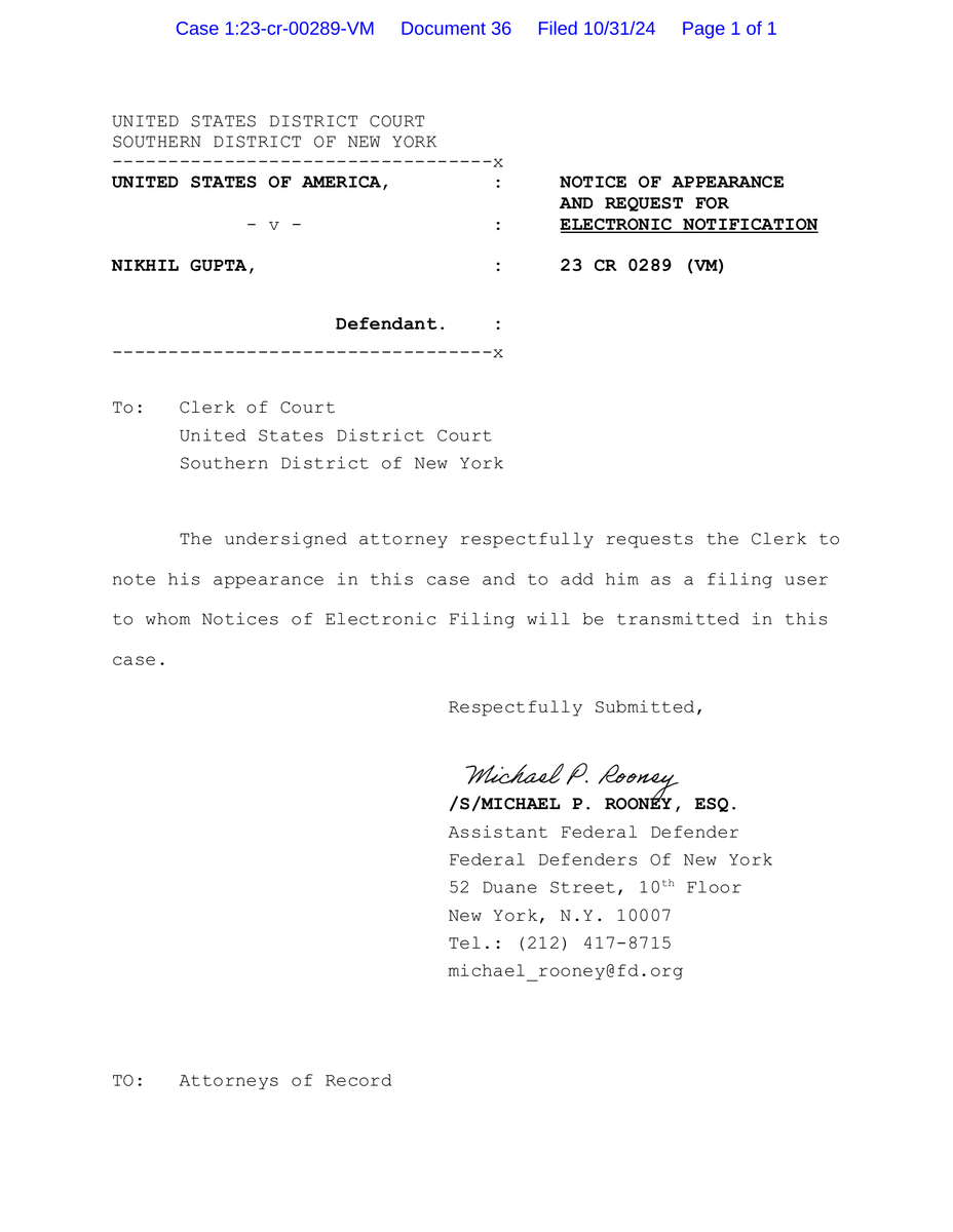 big_cases's tweet photo. New filing: "U.S. v. Gupta (Indian gov't plot to murder Sikh separatist leader)"
Doc #36: Notice of Attorney Appearance - Defendant

PDF: https://t.co/WB23TqNKkf

#CL67600762 https://t.co/nBVLqABqHc
