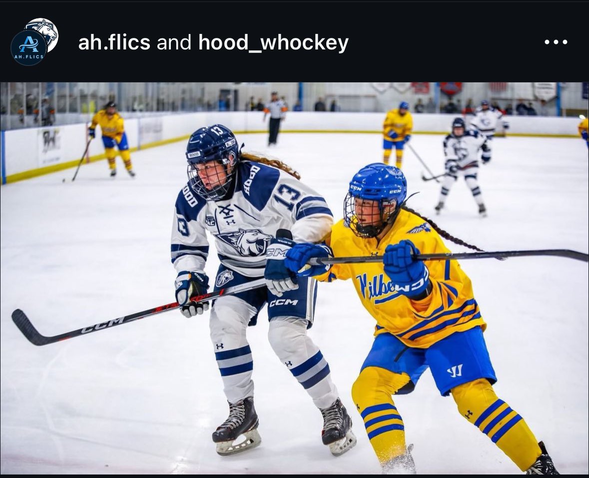 Megan Moceri, 05 Troy United, and Sofie Ancona, 06 Liggett, in D3 college hockey action…Hilbert College v Hood College!  Great to see our MGHSHL Girls battling at next level!