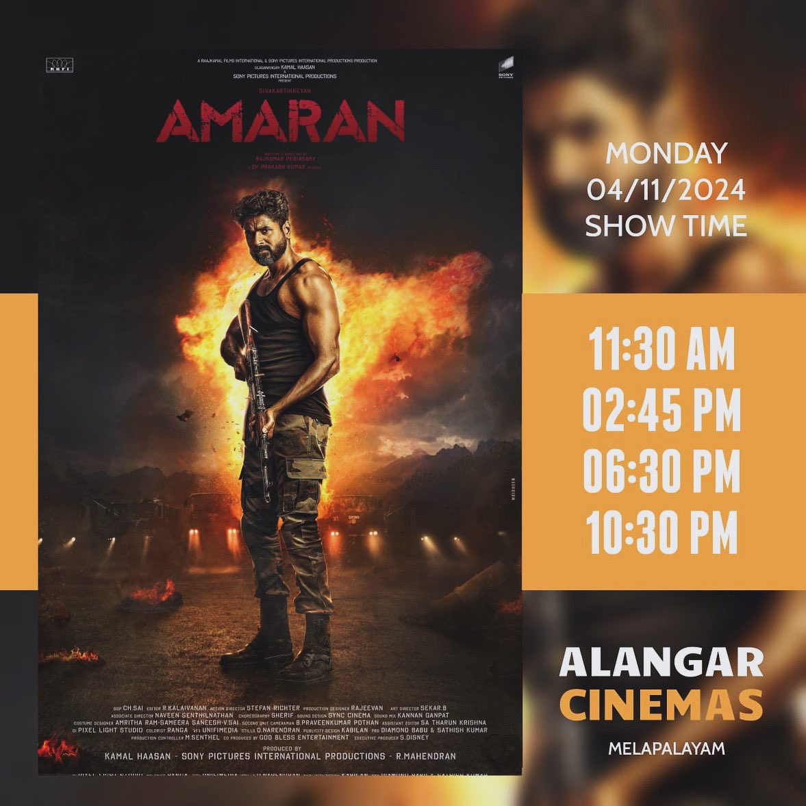 AlangarCinemas's tweet photo. #amaran on @alangarcinemas book your tickets now on #paytm & #ticketsnew & #boxoffice
#amaran
#sivakarthikeyan
#saipallavi
#majormukundvaradarajan
@sivakarthikeyan
@saipallavi51992 https://t.co/tDIZraYT2F