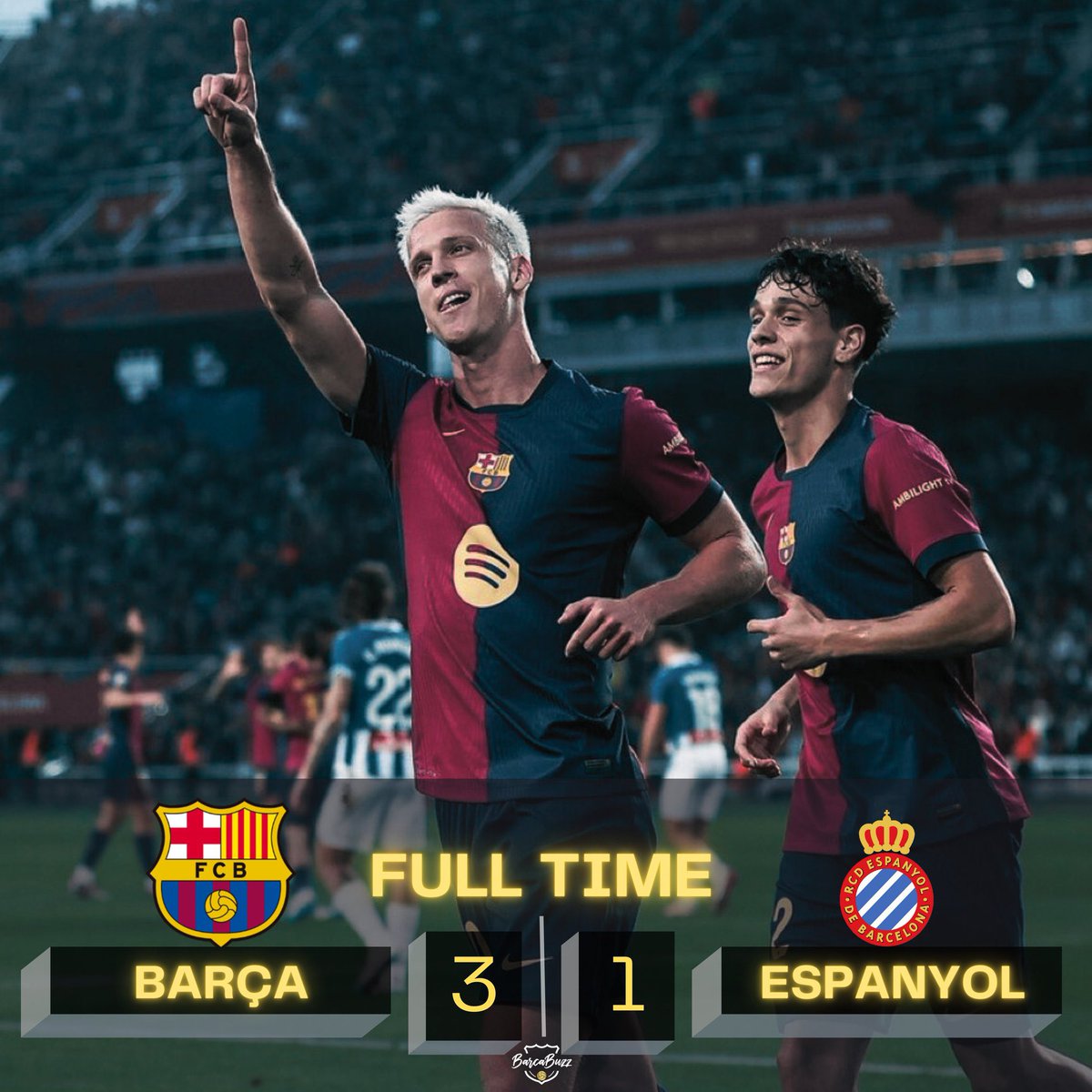 FT| Barcelona 3-1 Espanyol.
⚽️ 12’: Olmo. (1-0)
⚽️ 23’: Raphinha. (2-0)
⚽️ 32’: Olmo. (3-0)
⚽️ 63’: Puado. (3-1)

• xG: 1.43-0.97
• Possession: 77-23
• Shots: 13-10
• Passes: 678-140
• Fouls: 13-14
#BarçaEspanyol 

Stats via: <a href="/FotMob/">FotMob</a>