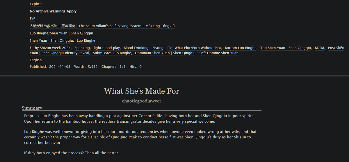 My fic for <a href="/filthyshizuns/">Filthy Shizun Week</a> #FilthyShizunWeek 2024!
WHAT SHE'S MADE FOR
🫦Lesbingqiu, Bottom Sub Binghe, Rated E PWP
🫦Spanking, Punishment
🫦Fisting
🫦Light blood play/drinking
🔗👇