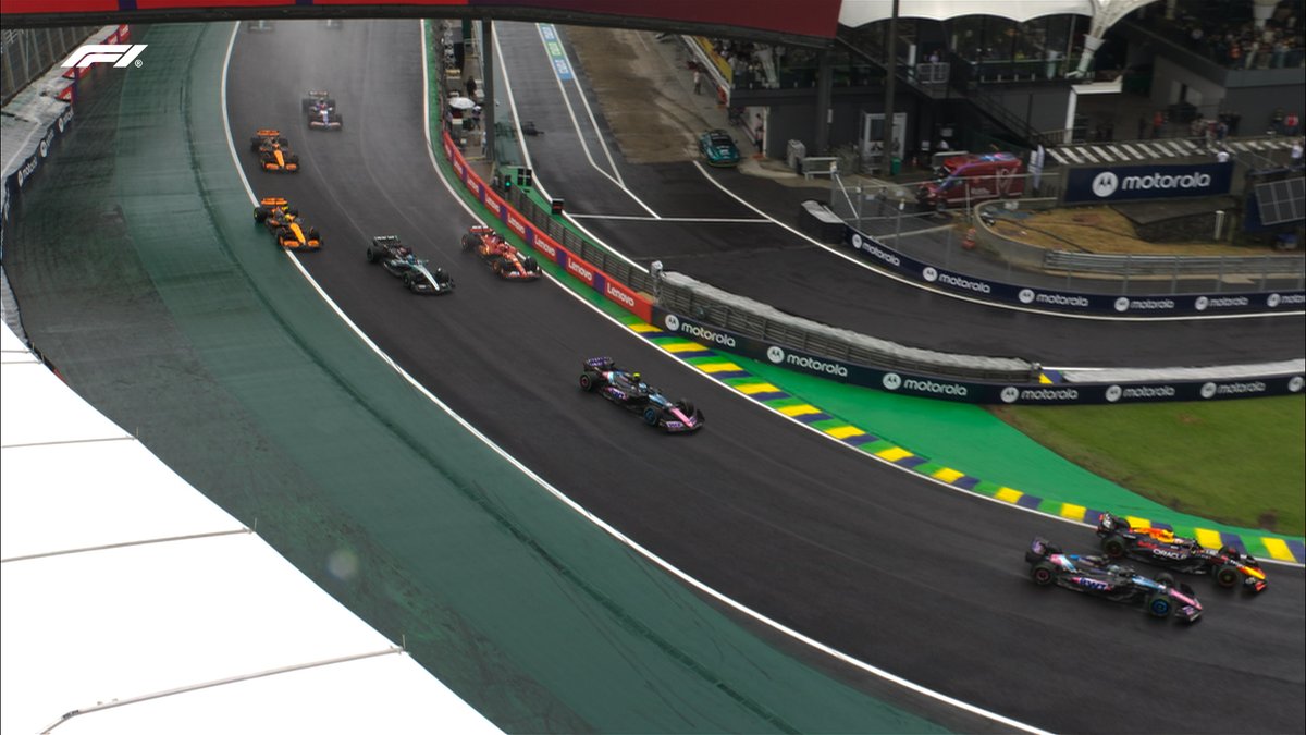 F1's tweet image. Unbelievable scenes at the restart 🤯

Verstappen takes the lead as behind Norris slides at Turn 1 and drops to P7 

#F1 #BrazilGP