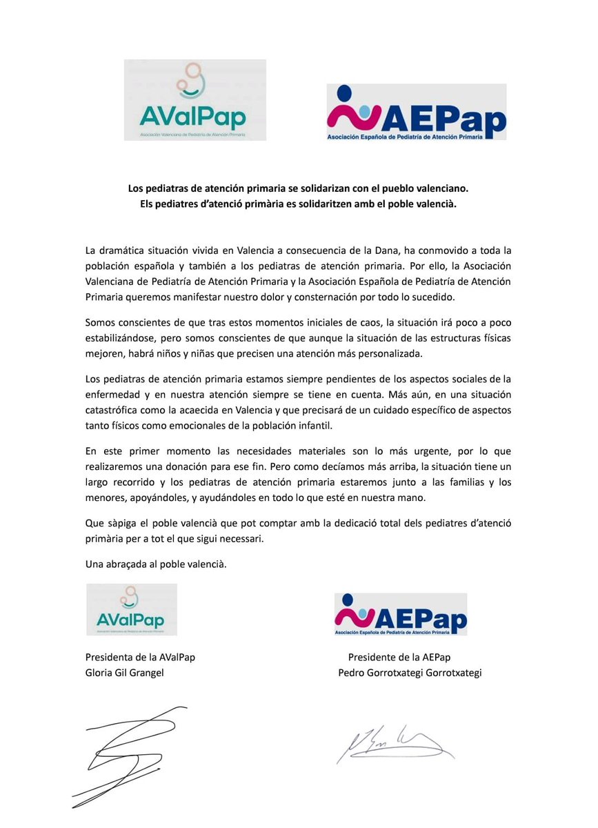 Los pediatras de atención primaria se solidarizan con el pueblo valenciano. <a href="/aepap/">AEPap</a>