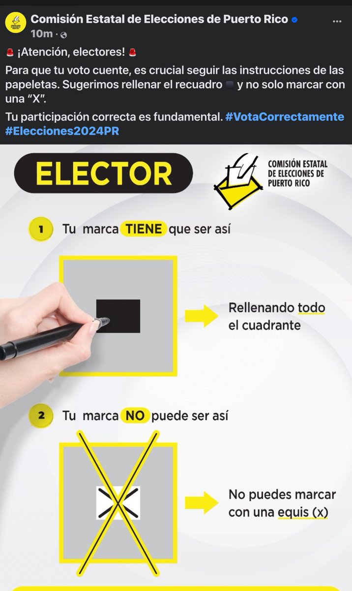 RobbyCortes's tweet photo. Hace 10 minutos que la @ceedepuertorico publicó en su Facebook que "para que tu voto cuente, es crucial seguir las instrucciones de las papeletas. Sugerimos rellenar el recuadro y no solo marcar con una “X”."

La campaña que llevaron hasta hoy decía lo contrario. #PuertoRico https://t.co/v7exmPWsgy