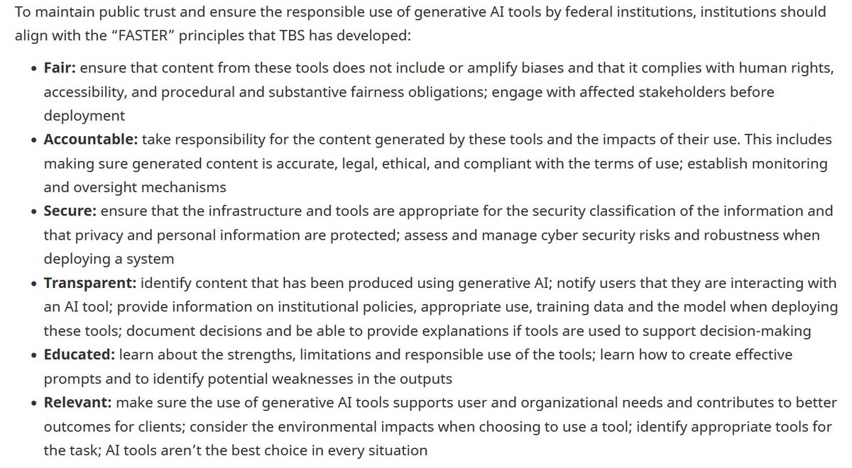 How to ensure the responsible use of generative AI tools? FASTER = Fair - Accountable - Secure - Transparent - Educated - Relevant  canada.ca/en/government/…