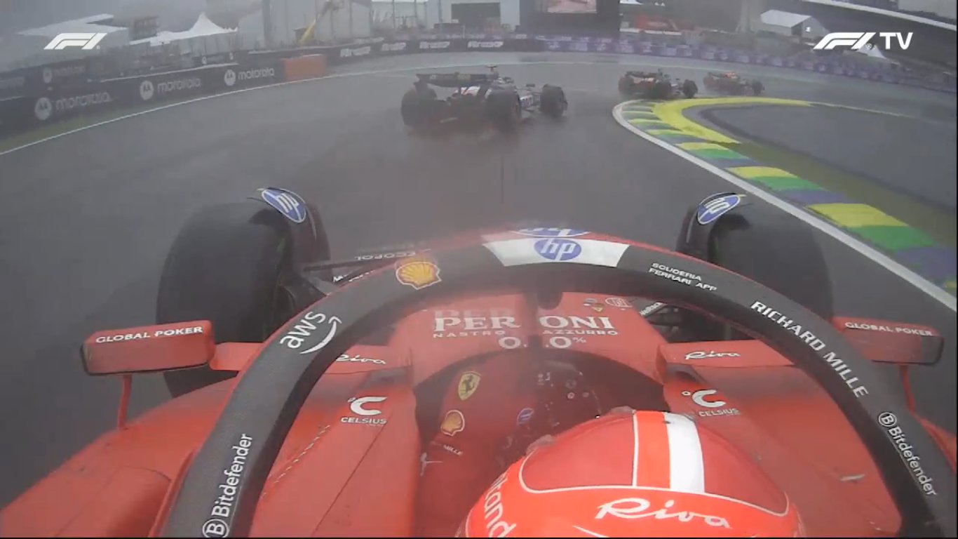 Charles Leclerc onboard at Interlagos in wet conditions