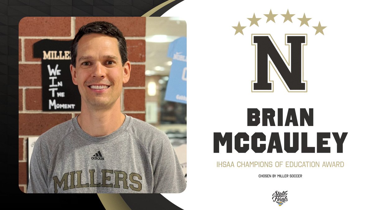 Congratulations to Brian McCauley! Miller Soccer &amp; the IHSAA honored McCauley at the State Finals with the Champion of Education Award for his commitment to student success! McCauley is honored frequently at Teacher Appreciation Nights! #MillerPride