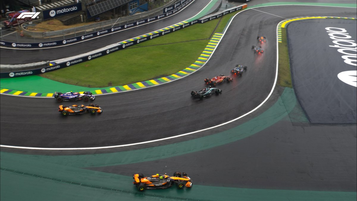 F1's tweet photo. Rewind to the restart ⏪

Norris slithers off as Verstappen powers ahead - what a turnaround 😵

#F1 #BrazilGP https://t.co/Y5KsT5MarR