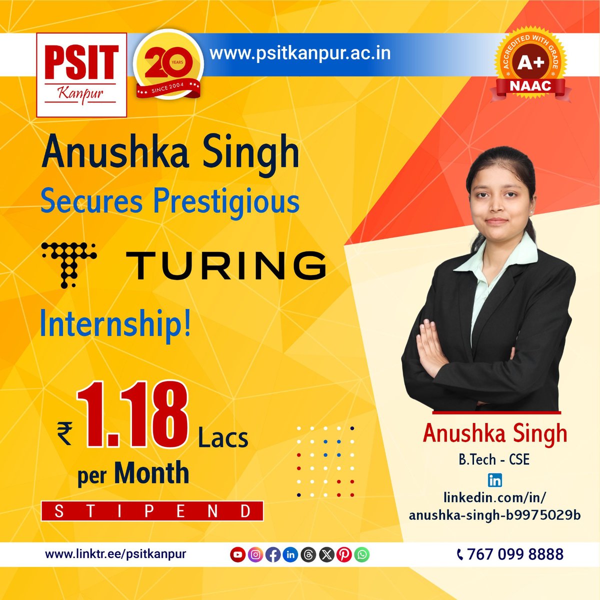 PSITKanpur2004's tweet image. Continuing the trail of remarkable achievements from the Batch of 2026, we are happy to share yet another success story! 

#BestInternships #incredibleinternships #batch2026 #EraOfAchievers #PSITLegacy #Student #Success #turing #btech #aktu #PSITKanpur
