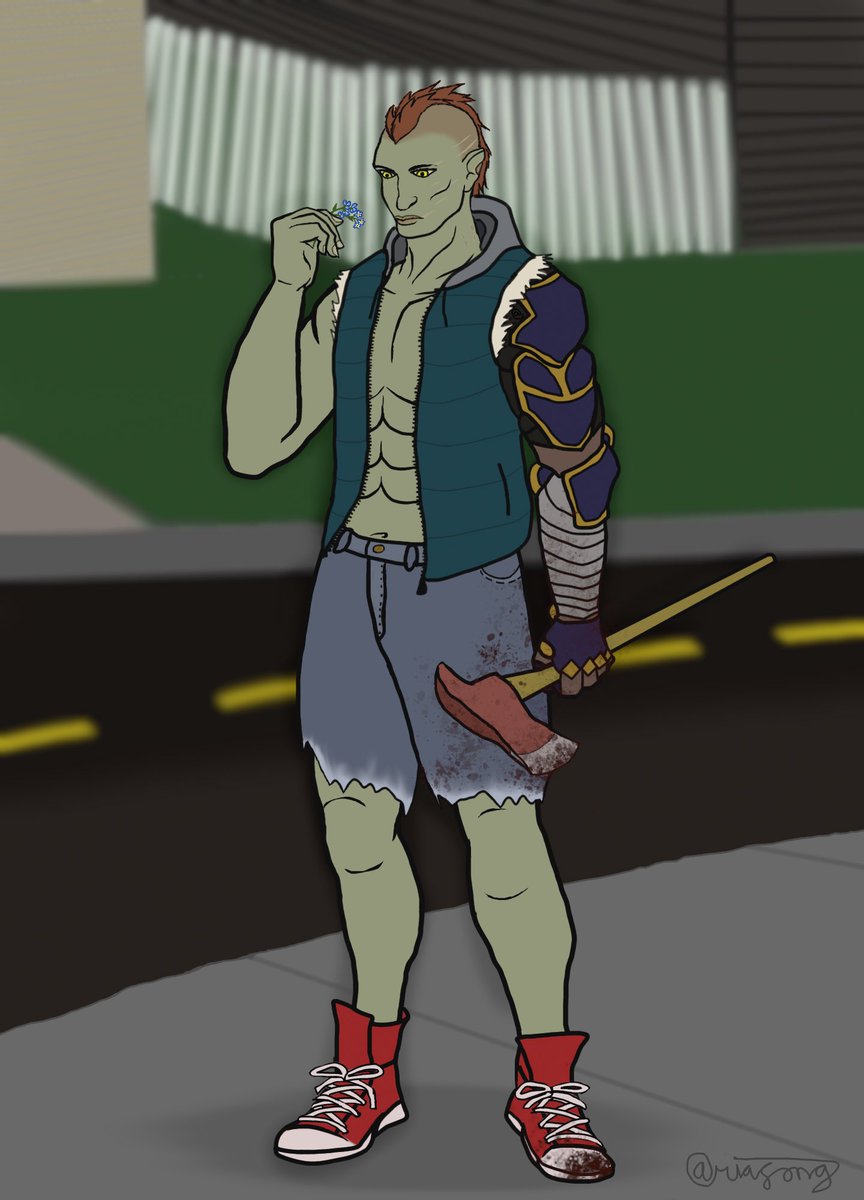 aria7song's tweet photo. Hello!
I have made art again! This is Jin, my newest DnD character. They are an Orc Barbarian. The campaign takes place in the modern world. Hence the Converse! I have a shirtless version of the image because I was quite proud of myself for how the muscles turned out! https://t.co/TMpteRDVTw