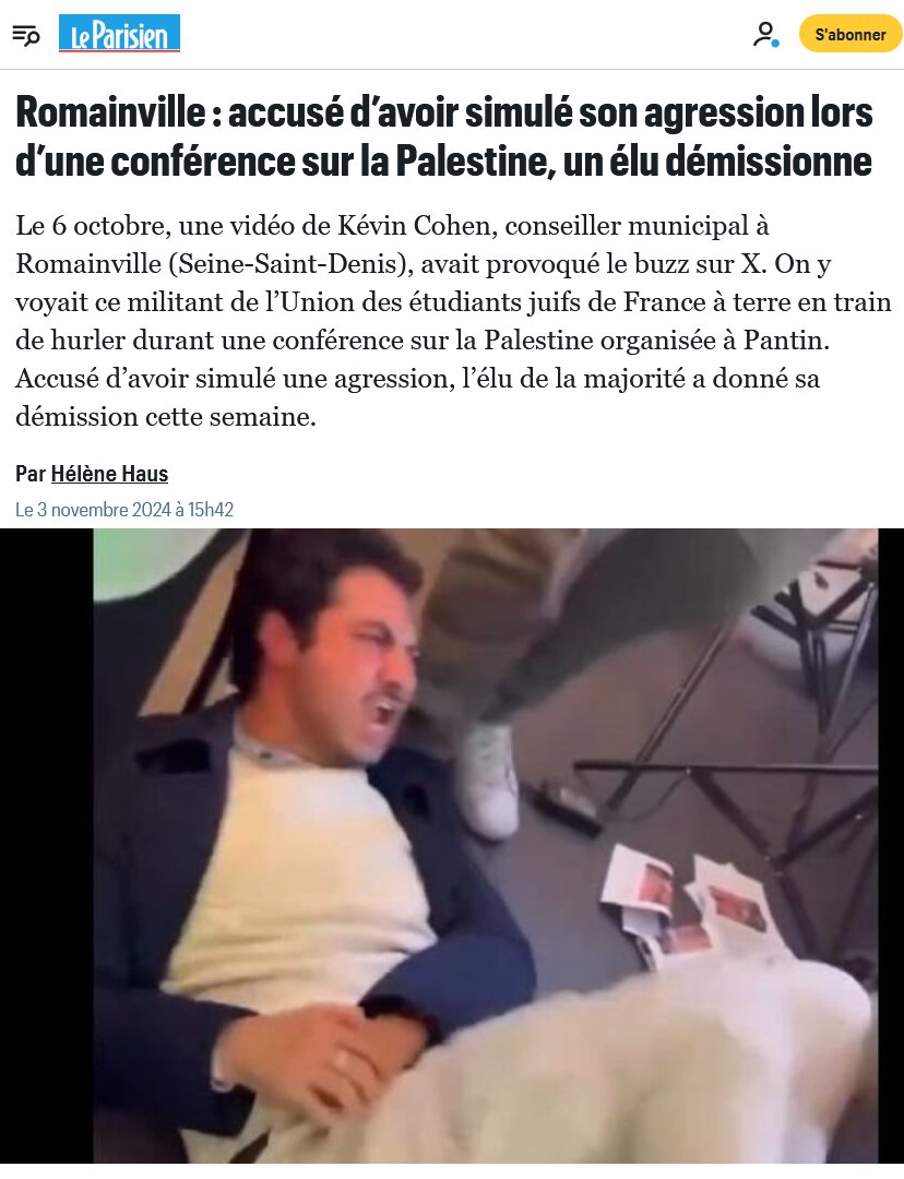 CharliesIngalls's tweet photo. 🇵🇸 L'étudiant de l'UEJF (Union des étudiants juifs de France) qui avait simulé une agression était également conseil municipal à Romainville. Il démissionne !

C'était le 6 octobre dernier lors d'une conférence sur la Palestine, organisée à Pantin. Le militant s'était mis à crier après s'être jeté au sol !

Si vous n'aviez pas vu cette performance, on vous la remet ! 

=====
N'oubliez pas de suivre ce compte @CharliesIngalls pour plus d'informations !