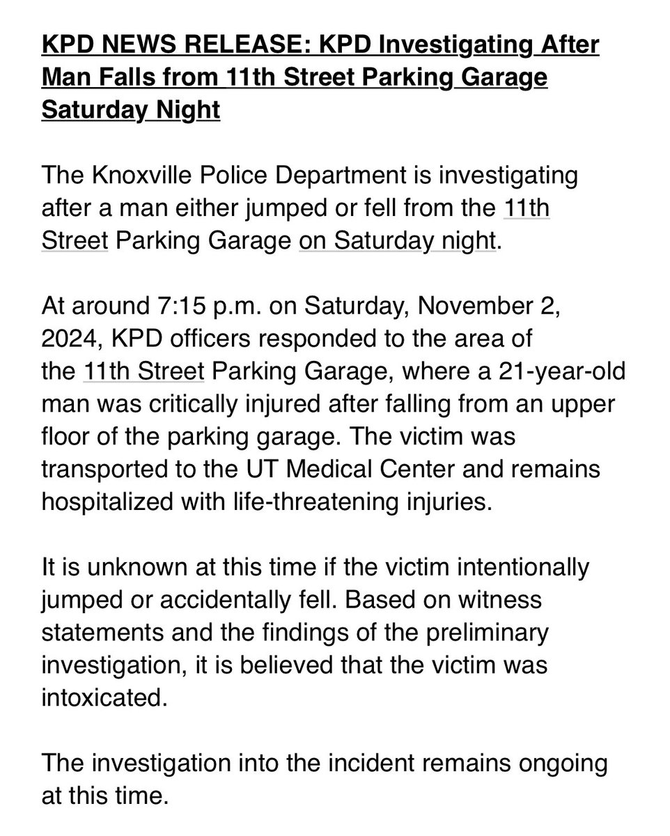 The Knoxville Police Department is investigating after a man either jumped or fell from the 11th Street Parking Garage on Saturday night.

More information: