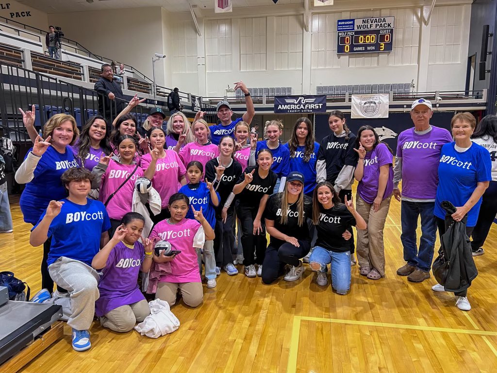 Riley_Gaines_'s tweet photo. This week, Boise State University announced they will forfeit a second match against SJSU. 

Last night, they played University of Nevada who also forfeited a match against SJSU. The stadium was filled with BOYcott shirts. 

This is the way. Enough is enough! #BOYcott https://t.co/gXCLCR3n35