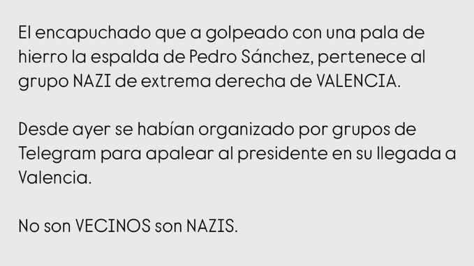 Al parecer, el autor de la agresión a Pedro Sánchez en Valencia con una pala de hierro lleva 13 años relacionado con grupos NAZIS.  No son vecinos SON NAZIS.

 #Fiesta3N