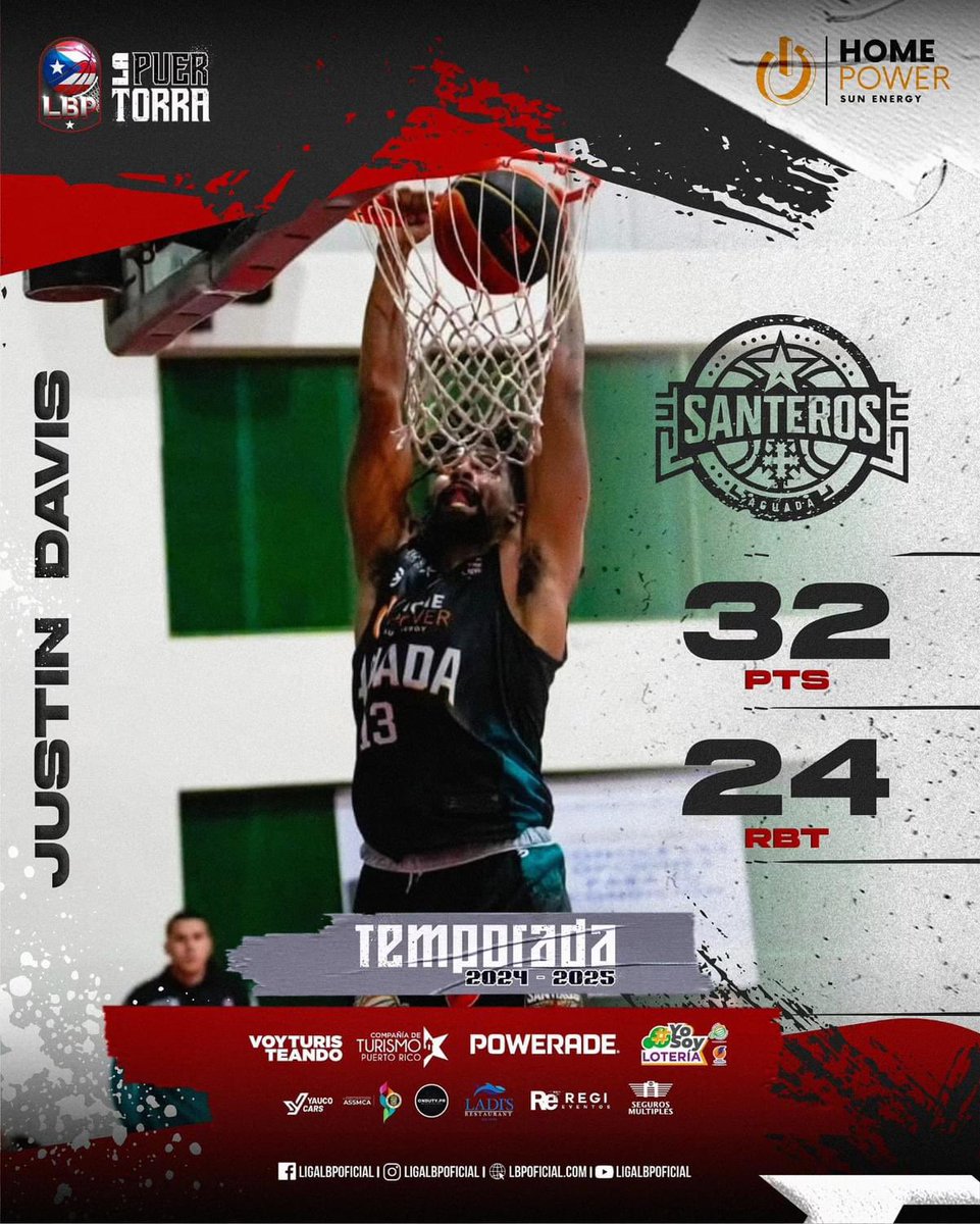 purbasket1's tweet photo. #SELLOPURBASKET🏀 Debut de JUSTIN DAVIS en la Liga Puertorriqueña con Santeros de Aguada:

🧮J.D.: 32 PTS | 24 REB 

📸 Santeros de Aguada LBP https://t.co/ex4gQoZ8MN