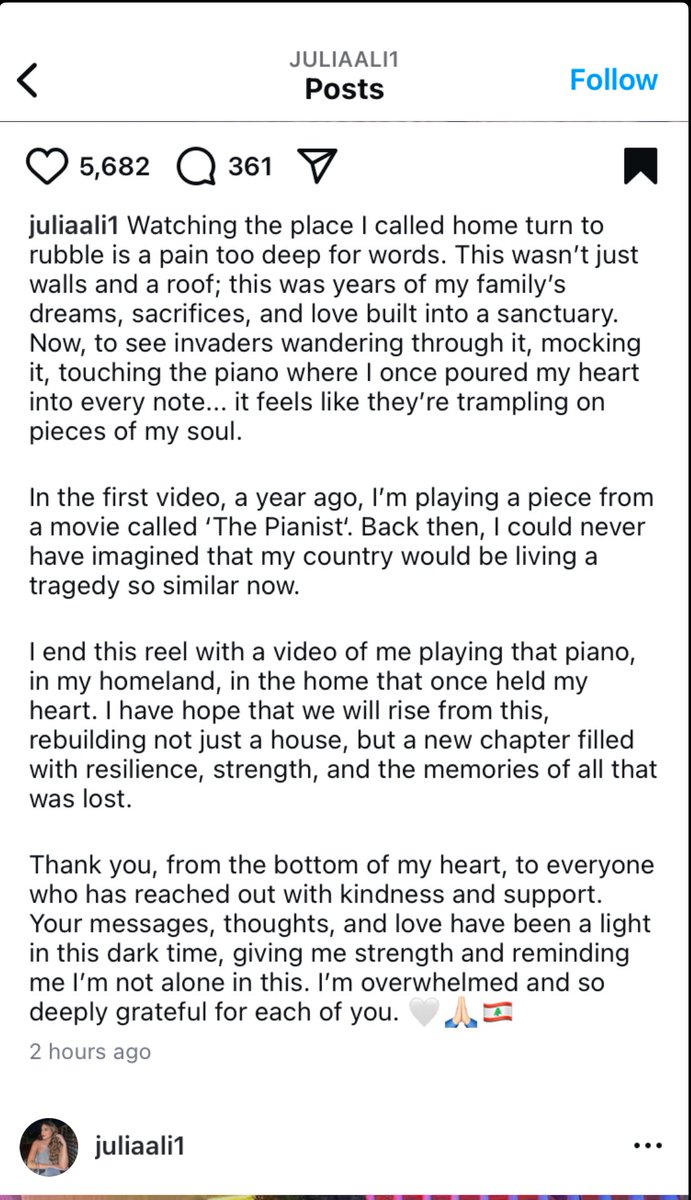 HalaJaber's tweet photo. ⭕️ A year ago Dr Julia Ali, played a piece from the film Pianist - the heartbreaking story of the Polish-Jewish musician, composer & Holocaust survivor Władysław Szpilman. 
Her clip (below) showcased beauty, class & art. 
Yesterday & from diaspora , she watched footage on social media of Israeli invaders desecrating her piano & home in south Lebanon, all while laughing & dicking around the ruins of the sanctuary she loved & they wrecked.
While Julia depicts the beauty of the people of south Lebanon, by contrast the invaders proved their depravity & evilness .
Do watch the entire reel.