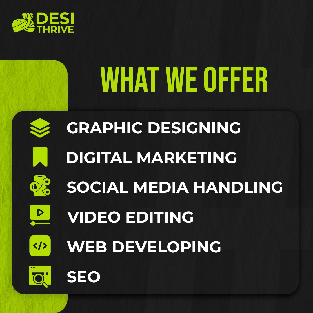 DesiThrive's tweet image. What We Offer” at Desi Thrive 🌟
From Graphic Designing to SEO, we’ve got all your digital needs covered! Explore how we can help your brand thrive in the digital world. Let’s create something amazing together! #DesiThrive #DigitalMarketing #WhatWeOffer