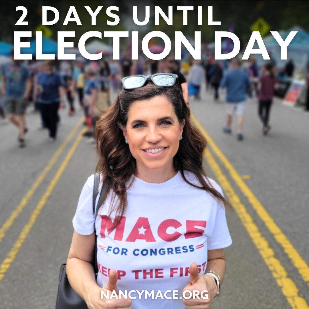 NancyMace's tweet image. Election Day Countdown: 2 DAYS ⏰

Head to the polls anytime between 7 AM and 7 PM on Tuesday, November 5th, and put the #LowcountryFirst.
Learn more at Nancymace.org.