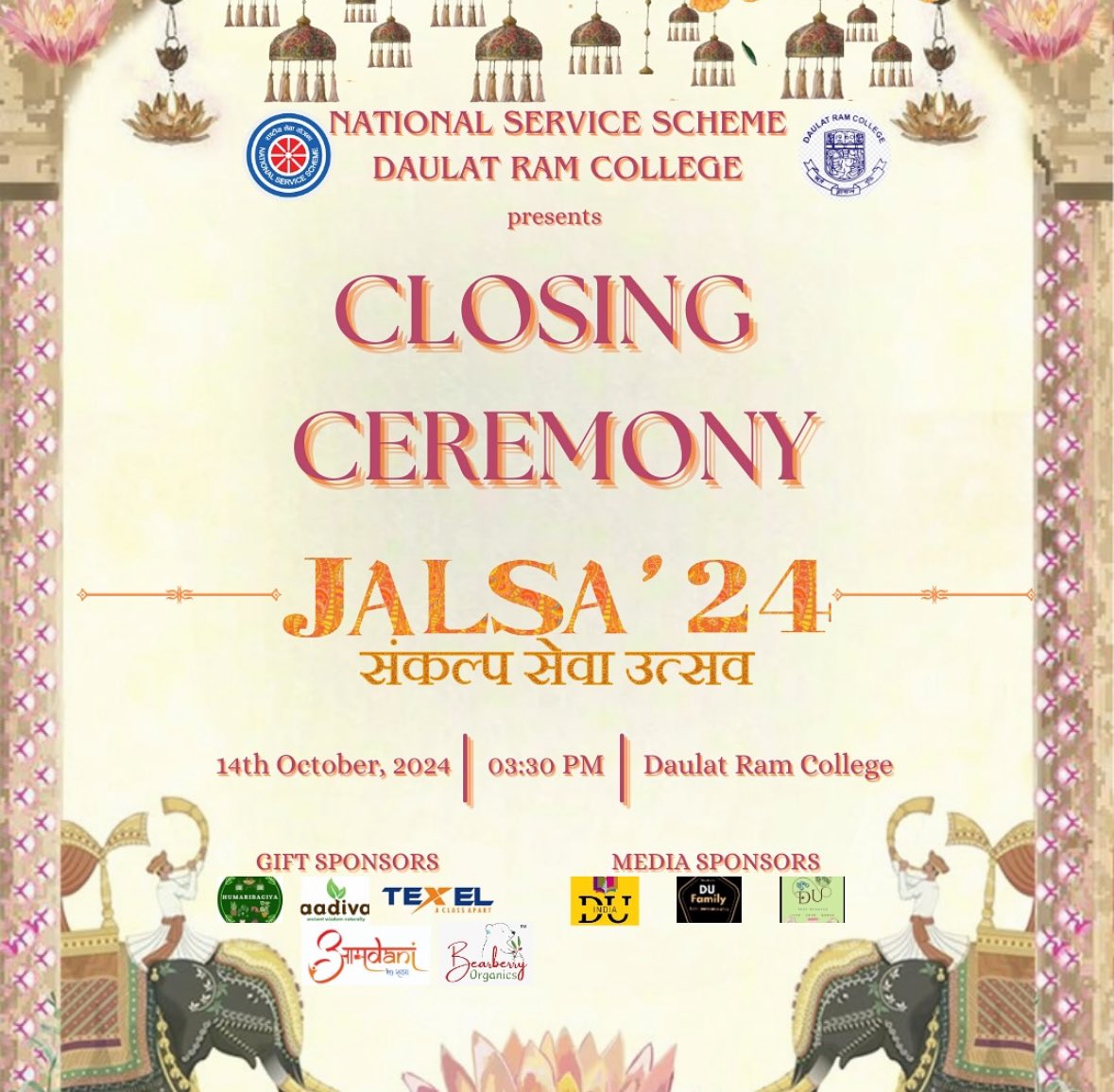 nssdrc_'s tweet photo. The National Service Scheme unit of Daulat Ram College is delighted to announce the opening ceremony of Jalsa’24. Don’t miss out on this unforgettable day on 14th October at 10 A.M https://t.co/RTu8ovXiSj