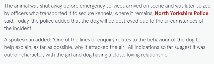 Although unconfirmed by police, neighbours say that the dog involved in yesterday's fatality of a 10 year old girl in Malton was an exempted XL Bully owned by her family.

This will have been the 19th person to be killed by an XL Bully or XL Bully cross since November 2021.