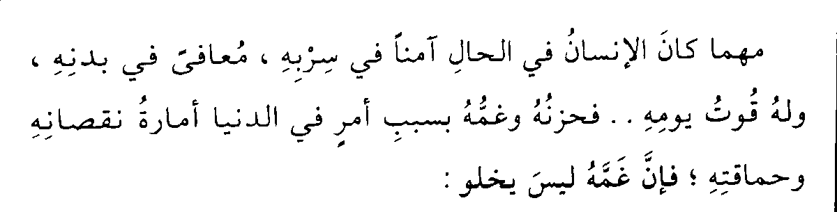 "Evinde güven içinde yaşayan, sağlıklı bir bedene ve bir günlük azığa sahip olan bir insan eğer dünyevî bir işten dolayı hüzün ve gam çekiyorsa, bu hali onun noksanlığı ve ahmaklığına işarettir."

[Gazzâlî, Mizânu'l-amel]