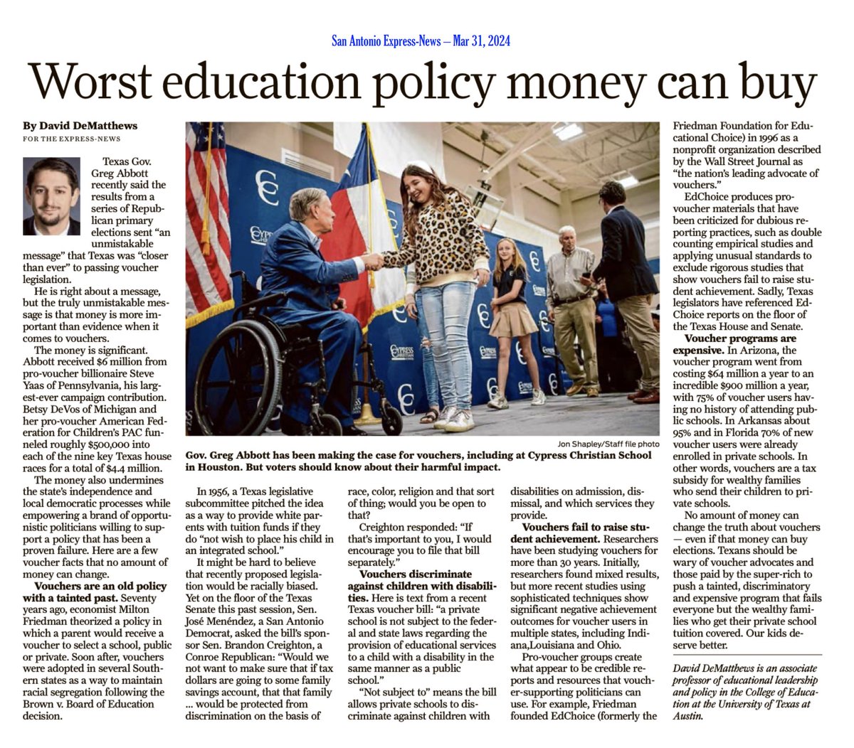 This election isn't just about Trump, it's about stopping the radical rich from pushing the worst education policy money can buy in TX. Vouchers are a costly, ideological-driven scam w/ a tainted past persistently failing to improve student achievement. Use your vote against any