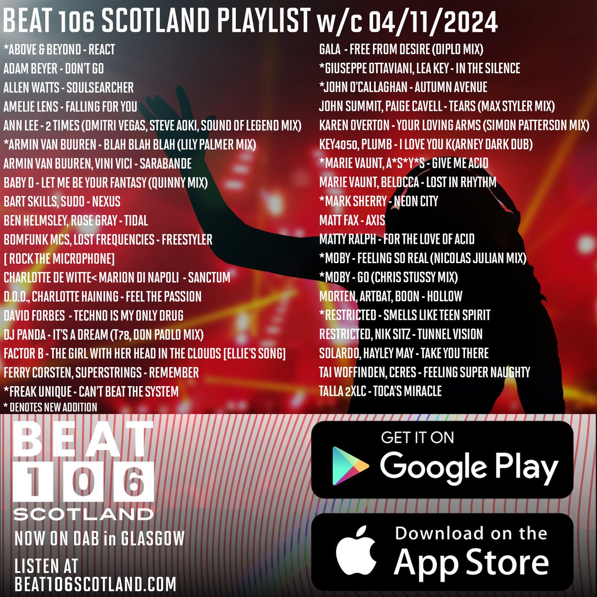 Beat 106 Scotland www.beat106scotland.com (@beat106scotland) on Twitter photo The <a href="/beat106scotland/">Beat 106 Scotland www.beat106scotland.com</a> playlist with +'s 4
<a href="/aboveandbeyond/">Above & Beyond</a> <a href="/arminvanbuuren/">Armin van Buuren</a> <a href="/lillypalmerdj/">LillyPalmer</a> <a href="/GOttaviani/">Giuseppe Ottaviani</a> <a href="/JOCofficial/">John O'Callaghan</a> <a href="/MarieVaunt/">Marie Vaunt</a> <a href="/ASYSOFFICIAL/">A*S*Y*S</a> <a href="/marksherry/">Mark Sherry</a> <a href="/thelittleidiot/">moby XⓋX</a> <a href="/chrisstussy/">Chris</a> <a href="/itsrestricted1/">Restricted1</a>
<a href="/Armada/">Armada Music</a> <a href="/smashthehouse/">Smash The House</a> <a href="/BlackHoleRec/">Black Hole Recordings</a> <a href="/KuraiRecords/">Kurai Records</a> <a href="/FsoeRecordings/">Future Sound of Egypt</a> @anjunabeats The <a href="/beat106scotland/">Beat 106 Scotland www.beat106scotland.com</a> playlist with +'s 4
<a href="/aboveandbeyond/">Above & Beyond</a> <a href="/arminvanbuuren/">Armin van Buuren</a> <a href="/lillypalmerdj/">LillyPalmer</a> <a href="/GOttaviani/">Giuseppe Ottaviani</a> <a href="/JOCofficial/">John O'Callaghan</a> <a href="/MarieVaunt/">Marie Vaunt</a> <a href="/ASYSOFFICIAL/">A*S*Y*S</a> <a href="/marksherry/">Mark Sherry</a> <a href="/thelittleidiot/">moby XⓋX</a> <a href="/chrisstussy/">Chris</a> <a href="/itsrestricted1/">Restricted1</a>
<a href="/Armada/">Armada Music</a> <a href="/smashthehouse/">Smash The House</a> <a href="/BlackHoleRec/">Black Hole Recordings</a> <a href="/KuraiRecords/">Kurai Records</a> <a href="/FsoeRecordings/">Future Sound of Egypt</a> @anjunabeats
