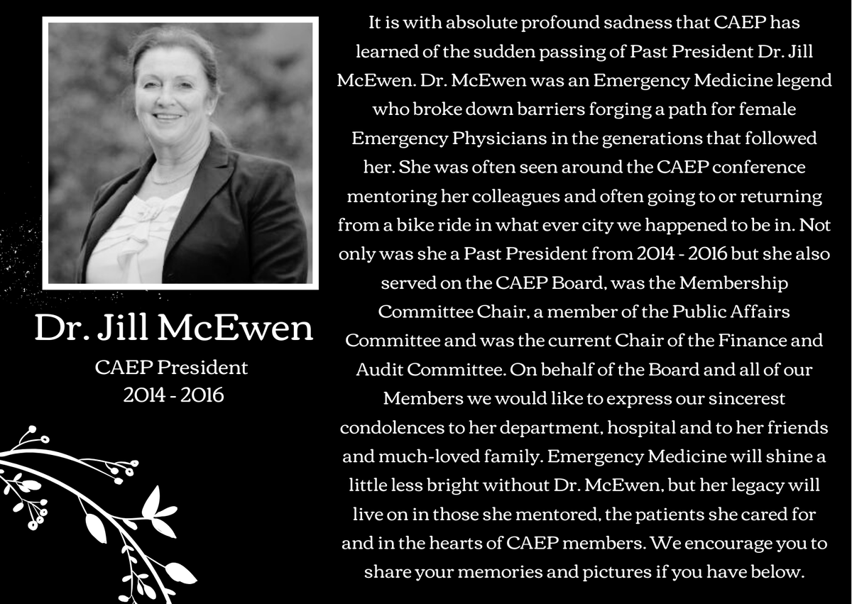 It is with absolute profound sadness that CAEP has learned of the sudden passing of Past President Dr. Jill McEwen. Dr. McEwen was an Emergency Medicine legend who broke down barriers forging a path for female Emergency Physicians in the generations that followed her. 🧵