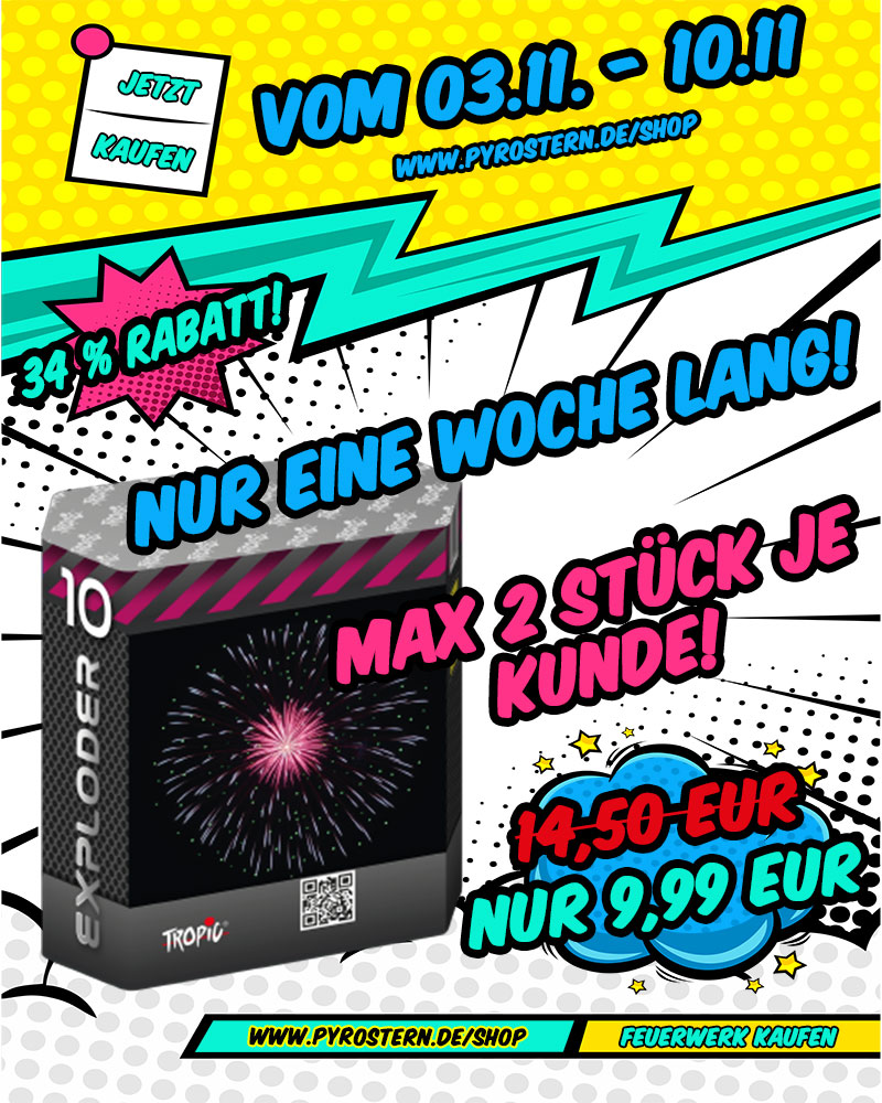 PyroStern's tweet image. 🔥 Nur für 1 Woche: Exploder 10 von Tropic Fireworks zum Knallerpreis! 🔥

Nur diese Woche reduziert PyroStern Feuerwerk den Preis um 34 % auf nur 9,99 EUR! 🌟 Das ist deine Chance, dieses Highlight für Dein Silvester zu sichern.
Greif JETZT zu! 😘
pyrostern.de/shop