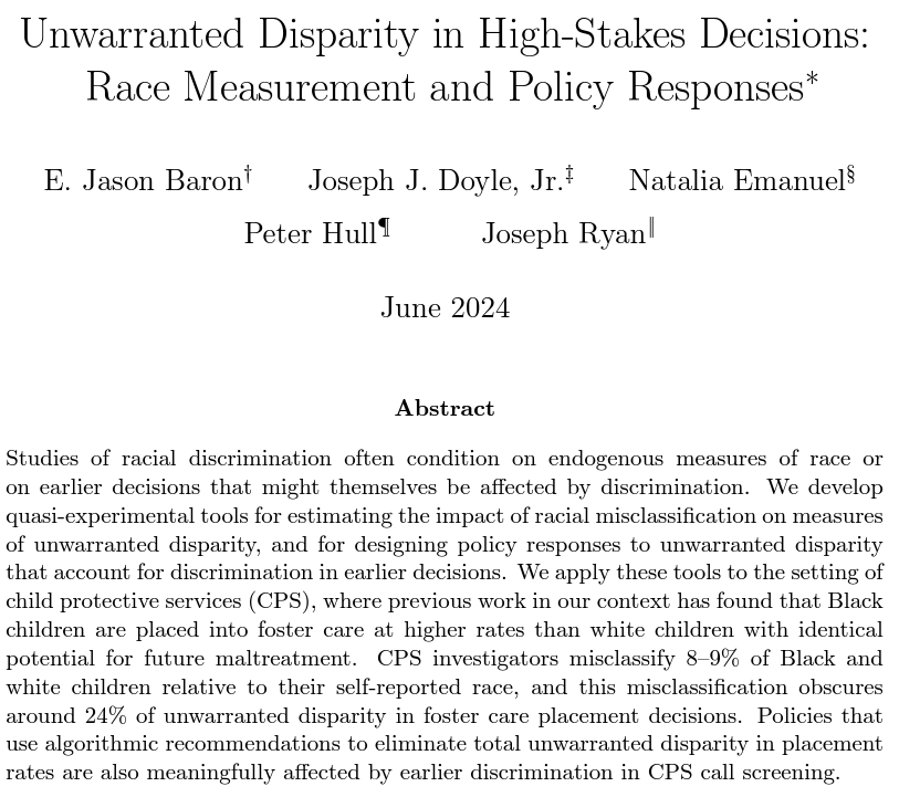 Peter Hull (@instrumenthull) on Twitter photo I have a new NBER WP out with <a href="/JasonBaron4/">Jason Baron</a>, Joe Doyle, @nataliahemanuel, and Joseph Ryan on racial discrimination in foster care decisions. Check it out!
nber.org/books-and-chap…
(short summary thread👇) I have a new NBER WP out with <a href="/JasonBaron4/">Jason Baron</a>, Joe Doyle, @nataliahemanuel, and Joseph Ryan on racial discrimination in foster care decisions. Check it out!
nber.org/books-and-chap…
(short summary thread👇)