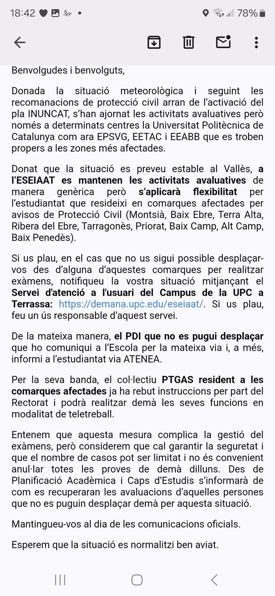 eseiaat_upc's tweet photo. AVÍS IMPORTANT:

El dia 4 de novembre ES MANTENEN LES ACTIVITATS AVALUATIVES a @la_UPC #ESEIAAT. S'aplicarà flexibilitat per a l'estudiantat resident a comarques afectades per avisos de Protecció Civil.

PDI i PTGAS, llegiu el comunitat enviat per email, si us plau

👇👇👇 https://t.co/NT11fKutp9