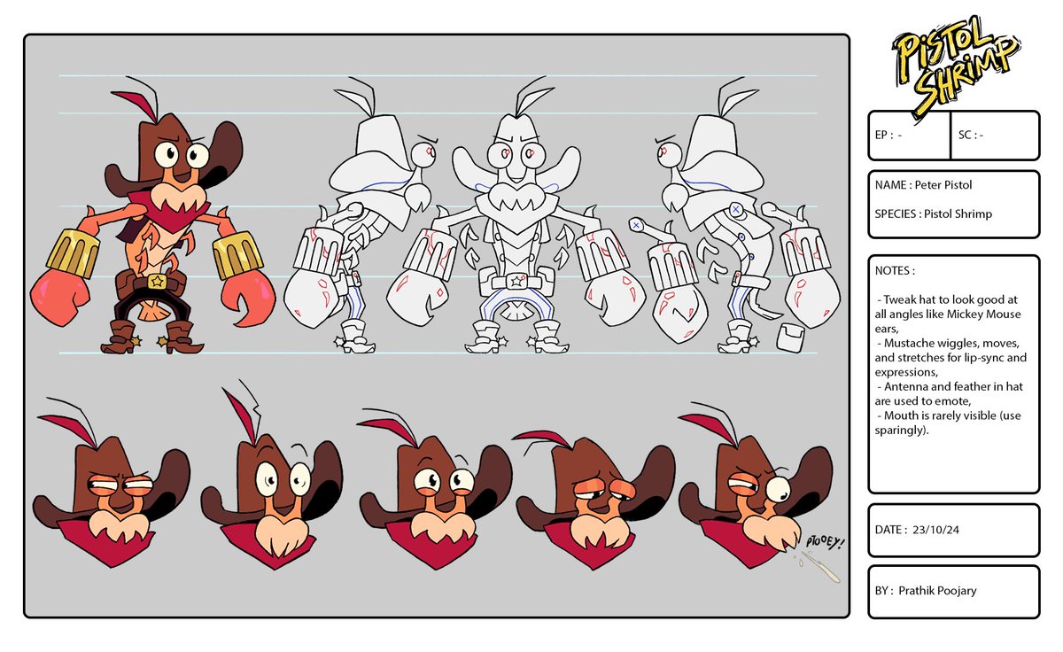 Made a Pistol Shrimp character sheet to iron out any uncertainties before animating! 🦐
