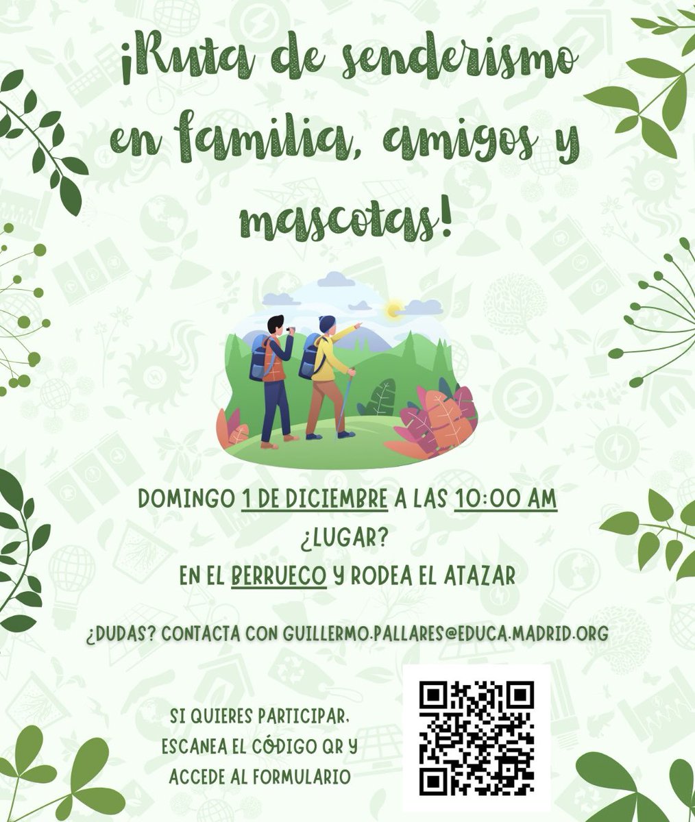 🥾 El domingo 1 de diciembre, nos vamos de ruta de senderismo en El Berrueco, rodeando el embalse del Atazar. 🌲 Una jornada perfecta para alumnos de 3º y 4º de la ESO, sus familias, amigos y hasta sus mascotas. ¡Únete y vive una experiencia CAS inolvidable! #FamiliasActivas #