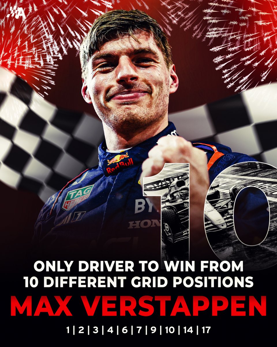 Max Verstappen becomes the first driver in F1 history to win from 10 different grid positions 🤯

P1, P2, P3, P4, P6, P7, P9, P10, P14 and P17 🏆