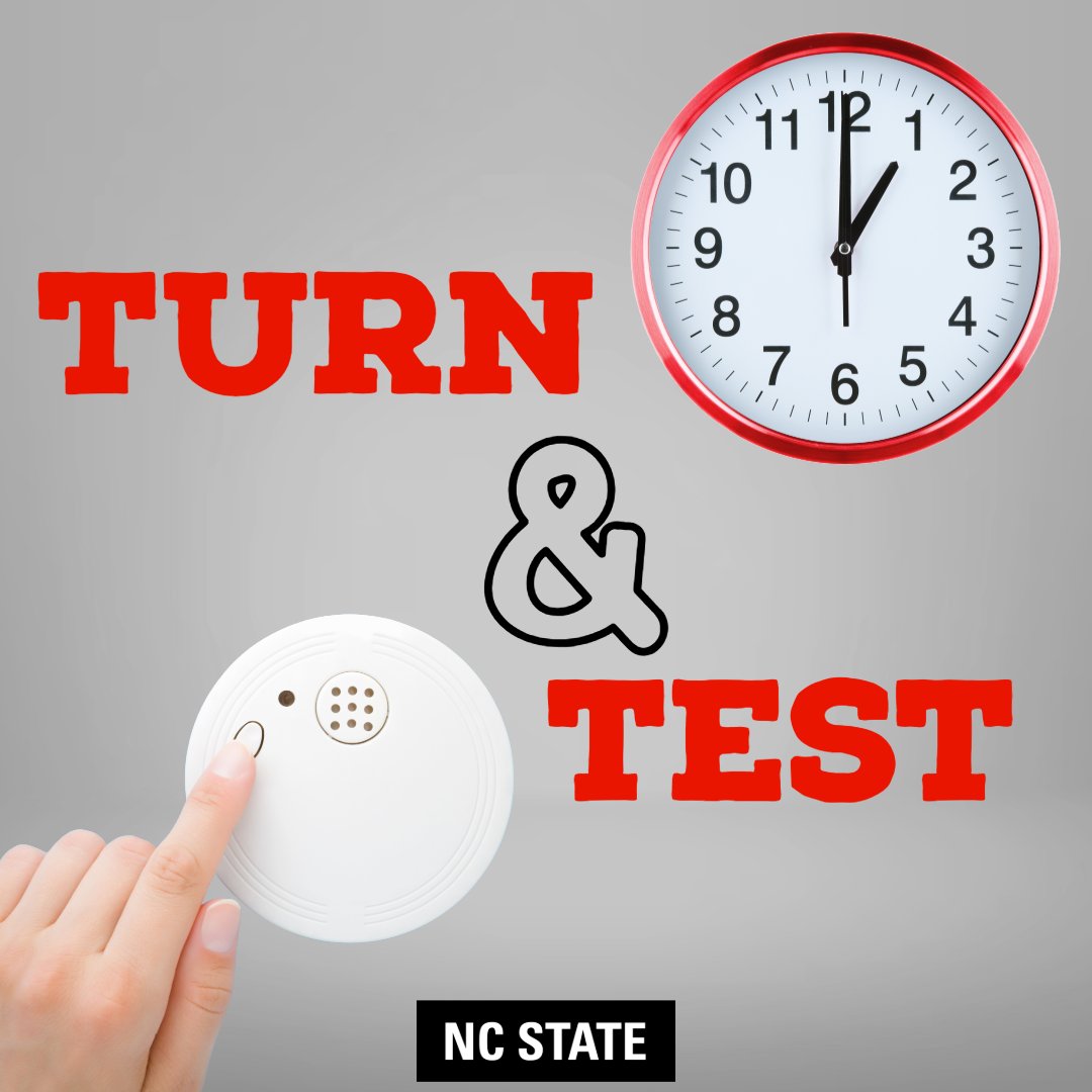 ncstatefls's tweet photo. It's the end of Daylight Savings 🕑: time to Turn the clocks back and Test your smoke alarms!

With that extra hour of sleep tonight, take a minute to test your smoke alarms and check the batteries. Replace old or dead batteries immediately!

#NCState #FireSafety #TurnAndTest https://t.co/qN4IrDv7oi
