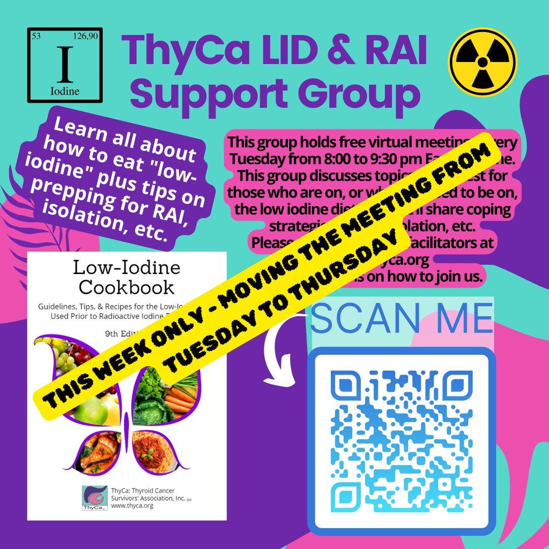 ThyCaInc's tweet photo. This week, meeting on THURSDAY - at 5pm Pacific, 6pm Mountain, 7pm Central &amp; 8pm Eastern.
For those currently on the LID, or who will soon be, &amp; for those caretakes who will help with meal prep. We'll also discuss RAI.
Write to lid-sig@thyca.org for details.
#LIDEats
#ThyCa https://t.co/Bze8b15xGI