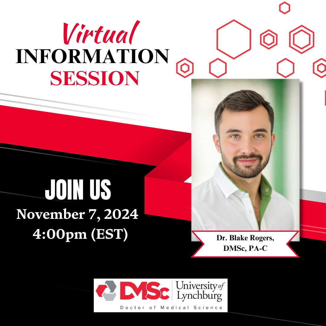DMSc_Lynchburg's tweet photo. Join us November 7th @ 4pm (EST) for the University of Lynchburg’s School of Medicine &amp; Health Sciences Virtual Information Session highlighting the exciting opportunity for prospective DMSc students led by Dr. Blake Rogers. Register via this link. https://t.co/6e9n1re7GI https://t.co/4awXGxaPo6