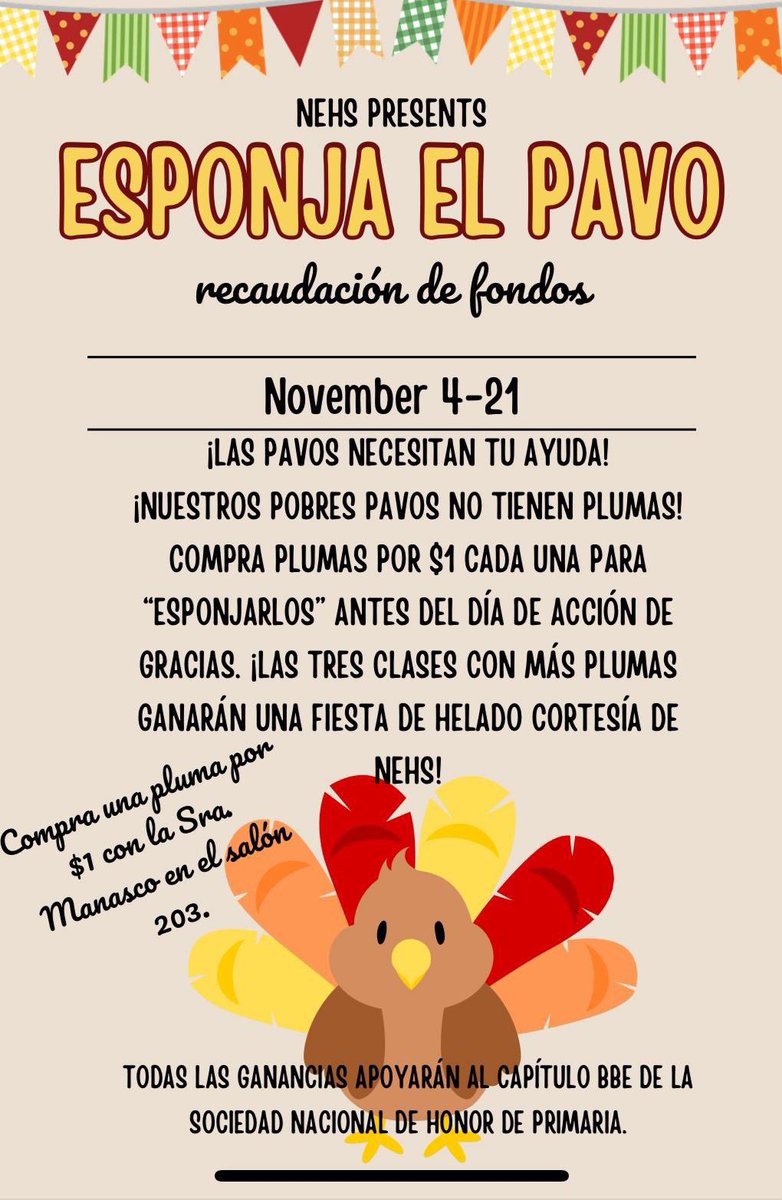 PtaBluebonnet's tweet photo. BBE NEHS is starting their fundraiser this week! 

Let’s dig out that sofa change and buy some turkey feathers.

Each feather is $1 and the top 3 classes with the most feathers win an ice cream party! https://t.co/OAzoedrPJW