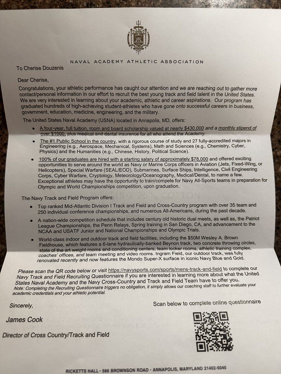 Thank you <a href="/NavyTFXC/">Navy Track & Field / Cross Country</a> for the letter! Truly grateful for this opportunity!