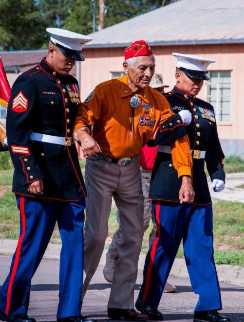 Navajo Codetalker, Roy Hawthorne USMC. This elder walked a two mile parade route. Two Navajo Marines helped him through the last half mile. Much honor and respect. 🇺🇸