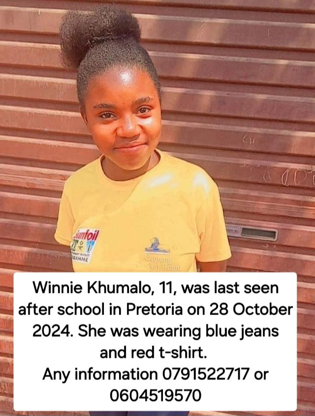 Winnie Khumalo, 11, was last seen after school in Pretoria on 28 October 2024. She was wearing blue jeans and a red T-shirt. Any information 0791522717 or 0604519570 #missingchild