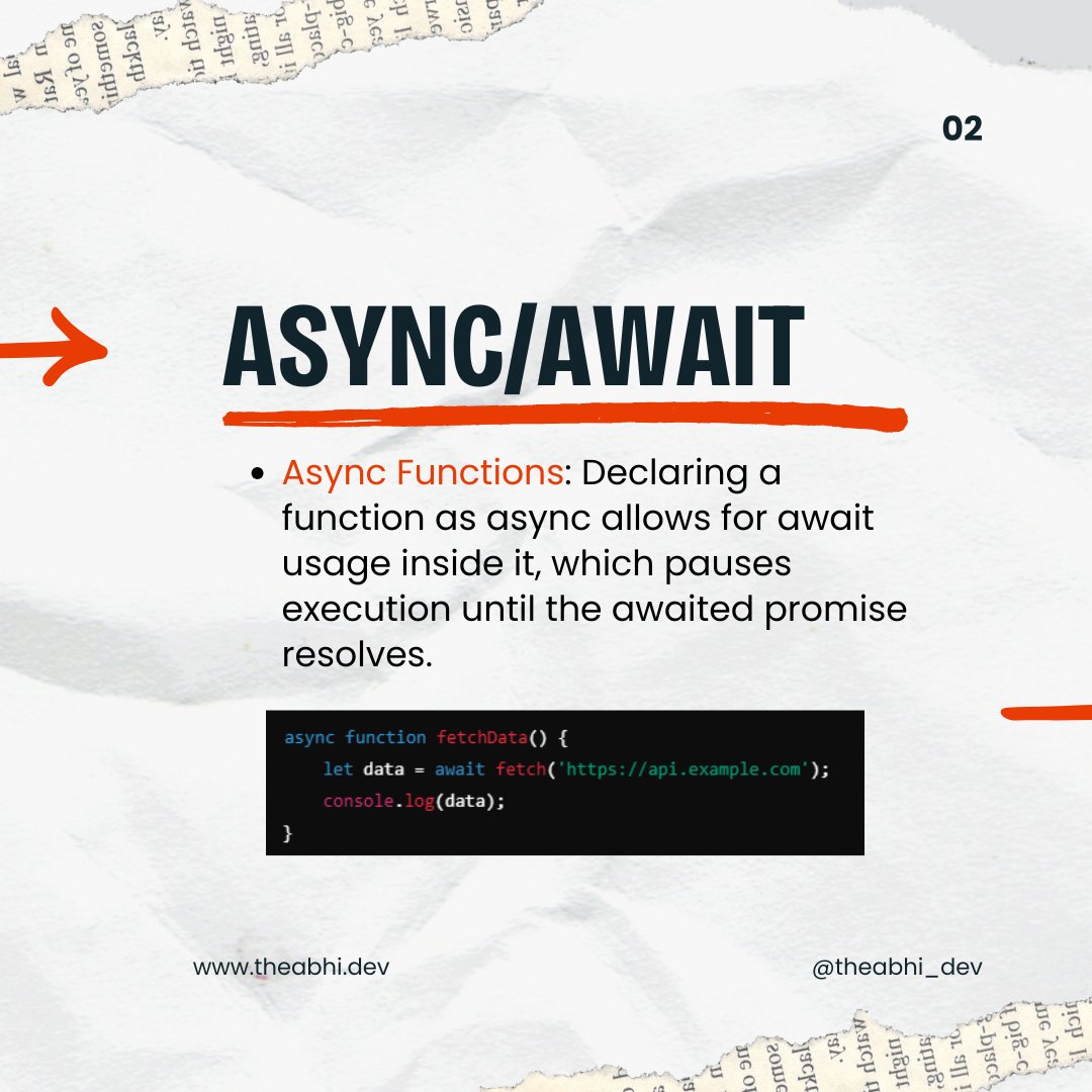 theabhi_dev's tweet image. Async/await and the Fetch API simplify working with external data in JavaScript. Today, learn how to streamline async code for cleaner and more efficient applications! #AsyncAwait #FetchAPI #JavaScriptEssentials #WebDev #75DaysMERNChallenge #MERN 1/2