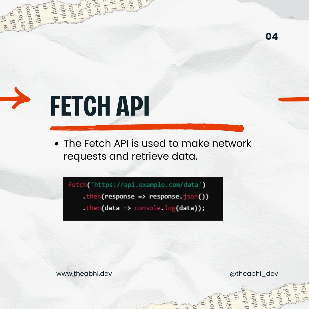 theabhi_dev's tweet image. Async/await and the Fetch API simplify working with external data in JavaScript. Today, learn how to streamline async code for cleaner and more efficient applications! #AsyncAwait #FetchAPI #JavaScriptEssentials #WebDev #75DaysMERNChallenge #MERN 1/2