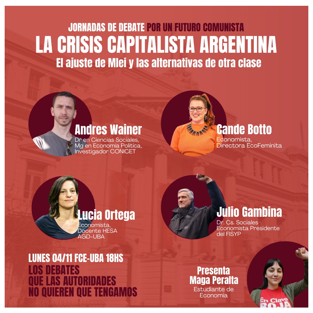 Este lunes 4 voy a tener la suerte de compartir un panel de debate de lujo con <a href="/CandelariaBotto/">Candelaria Botto</a> <a href="/AndresWainer1/">Andres Wainer</a> <a href="/Jcgambina/">Julio C. Gambina</a> y <a href="/_magaperalta/">Magui</a> 
Sobre la crisis argentina, Milei y cómo salimos de esta