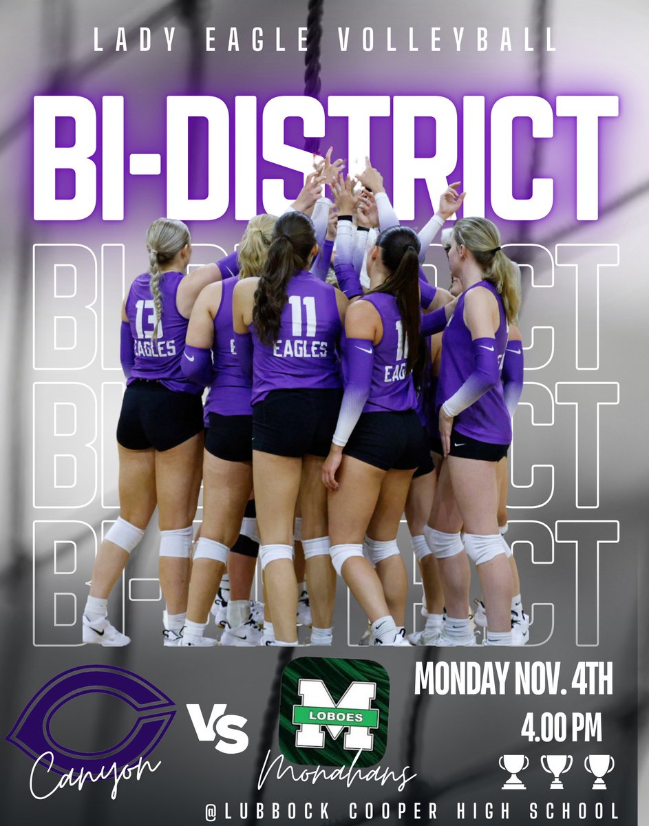 Canyon HS Volleyball (@canyonhsvb) on Twitter photo 🏐BI-DISTRICT PLAYOFF MATCH🏐
📅 Monday, November 4th
⏰ 4:00pm
🆚 Monahans
🏫 Lubbock Cooper High School
📺 NFHS Network
💜Wear your purple.💜
📣Be loud!📣
🦅Go Lady Eagles!🦅
<a href="/CanyonISD/">Canyon ISD</a> <a href="/CanyonAthDept/">CanyonISDAthletics</a> <a href="/canyon_hs/">Canyon High School</a> <a href="/KaleSteed/">Kale Steed</a> <a href="/NC10Sports/">NewsChannel10 Sports</a> <a href="/KAMRNBC4Sports/">KAMR SPORTS</a> <a href="/PressPassSports/">Press Pass Sports</a> 🏐BI-DISTRICT PLAYOFF MATCH🏐
📅 Monday, November 4th
⏰ 4:00pm
🆚 Monahans
🏫 Lubbock Cooper High School
📺 NFHS Network
💜Wear your purple.💜
📣Be loud!📣
🦅Go Lady Eagles!🦅
<a href="/CanyonISD/">Canyon ISD</a> <a href="/CanyonAthDept/">CanyonISDAthletics</a> <a href="/canyon_hs/">Canyon High School</a> <a href="/KaleSteed/">Kale Steed</a> <a href="/NC10Sports/">NewsChannel10 Sports</a> <a href="/KAMRNBC4Sports/">KAMR SPORTS</a> <a href="/PressPassSports/">Press Pass Sports</a>